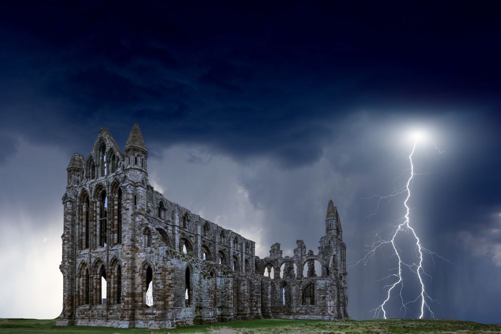 Whitby Abbey with a stormy sky.